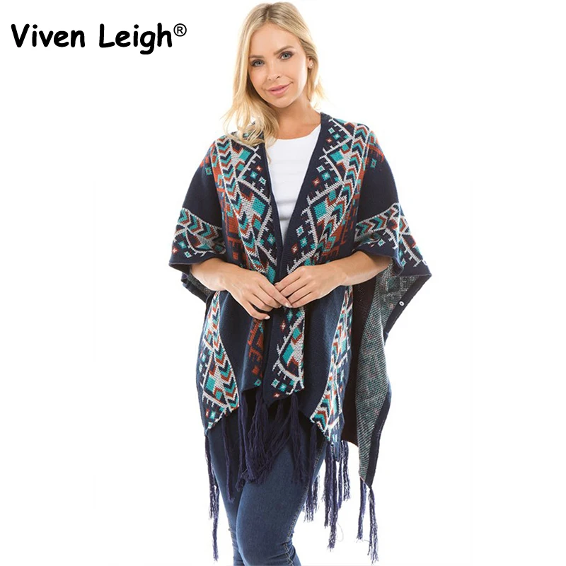 Fashion Geometric Print Tassel Poncho Women's Knitted Coat