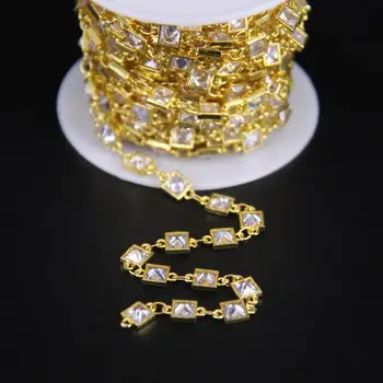 

4mm,White Cubic Zircon Gold Rosary Chain Charms,Faceted Square Flat Zircon Link Chains,CZ Bezel Connector Necklace Jewelry
