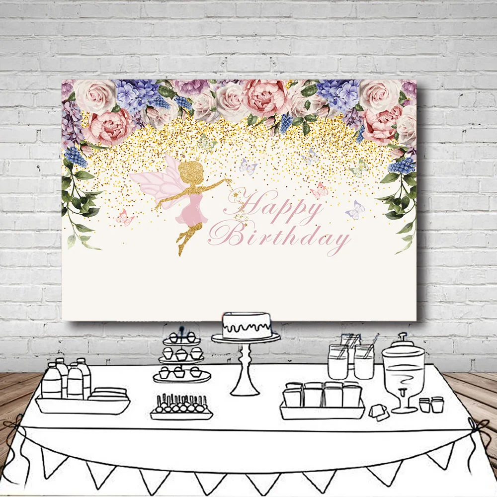 

Pink Purple Flowers Photography Backdrop Custom Text Fairy Butterfly Girls Birthday Party Dessert table Background Photo Studio