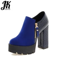 J&K 2017 Big Size 32-43 Women Pumps Zipper High Heels Shoes Platform Pumps Thick Heel Patch Embossed PU Fashion Sexy Shoes