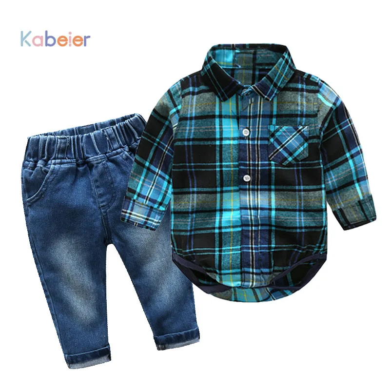 

Newborn Baby Boy Clothes Sets Cotton Gentleman 2018 New Spring Fashion Plaid Rompers + Jeans 2Pcs/set Clothing 0-24M