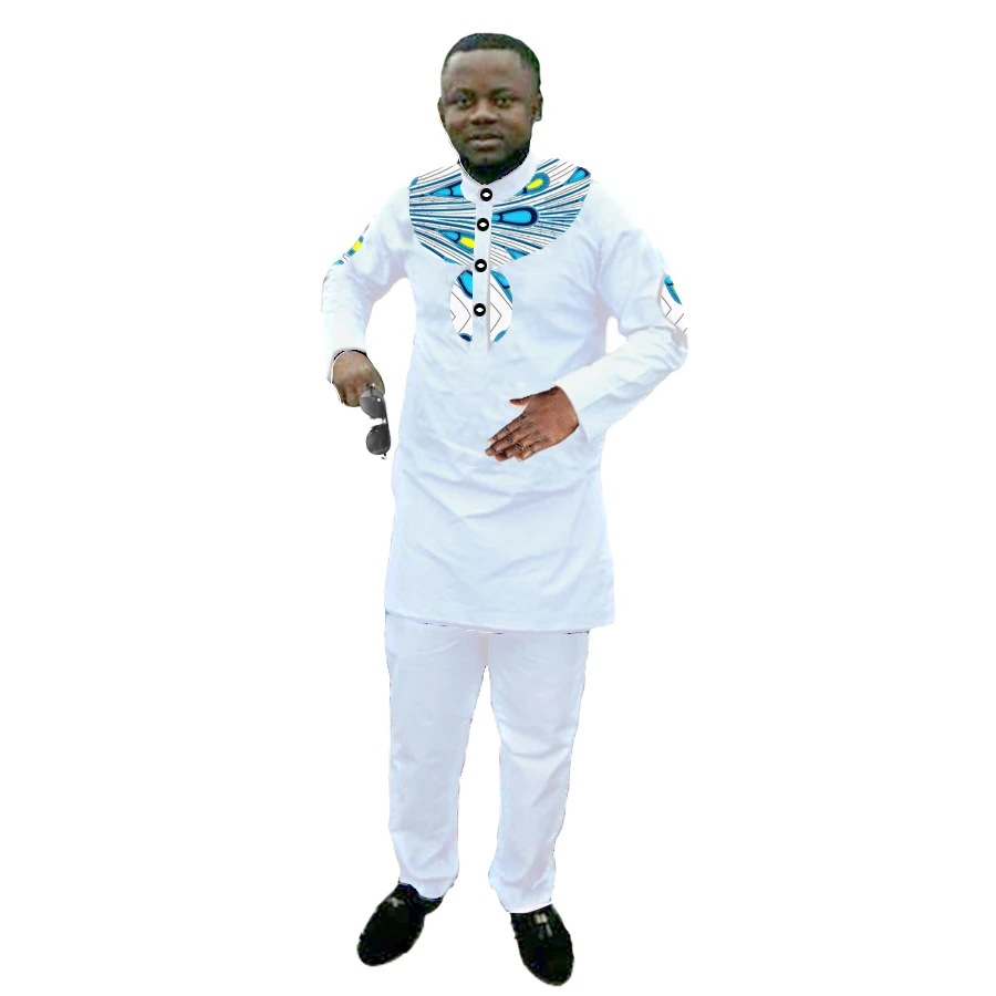 Модные африканские Для мужчин Костюмы печати лоскутное комплект со штанами и футболкой Африка Стиль белый хлопок Принт Рубашка с длинными