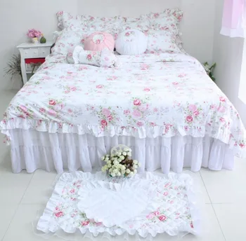 

White pastoral floral lace Korean princess bedding set 3/4pcs for girls twin full queen size ruffle bed skirt free shipping
