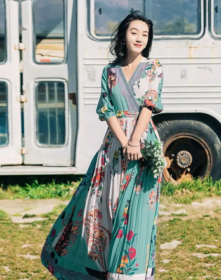 Цветочный принт Boho Макси платье богемное Плиссированное качели длинный широкий шарф платья сексуальный v-образный вырез Сарафан