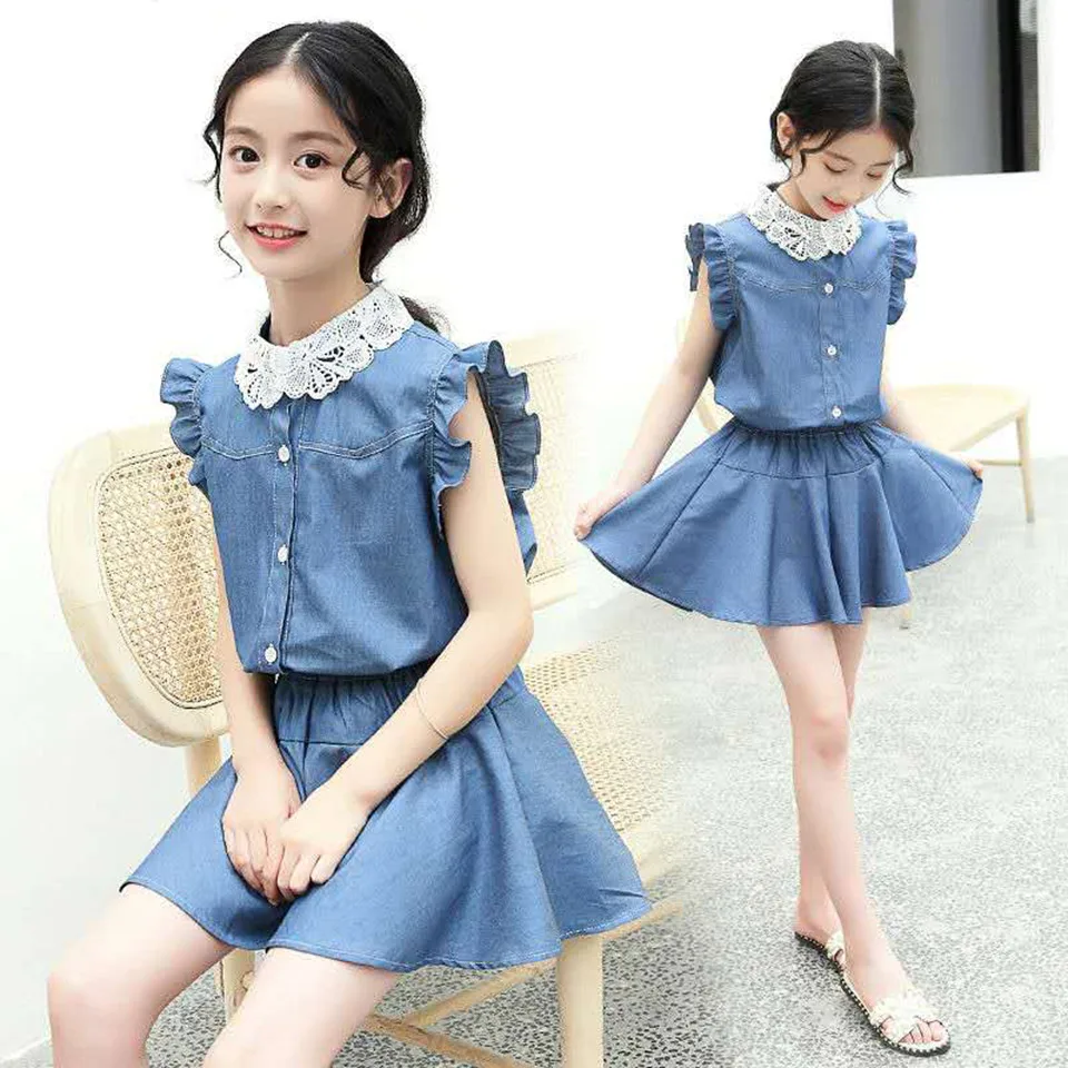 

Comfortable Kids Baby Girls Summer Sets Turn-down Collar Sleeveless Denim Blue Tops Tutu Skirt 2Pcs Outfits Girl Clothes 3T-12
