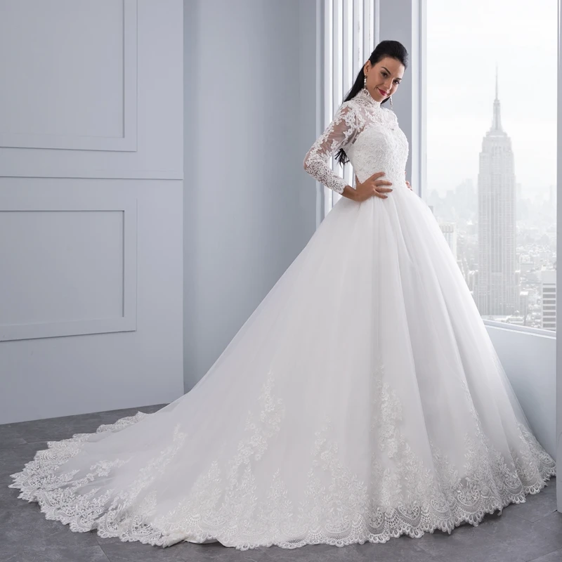 Miaoduo Vestido De Noiva Plus SIze High Neck IIIusion Back Long Sleeve Wedding Gowns 2022 Ball Gown Wedding Dresses for Women wedding dress for women