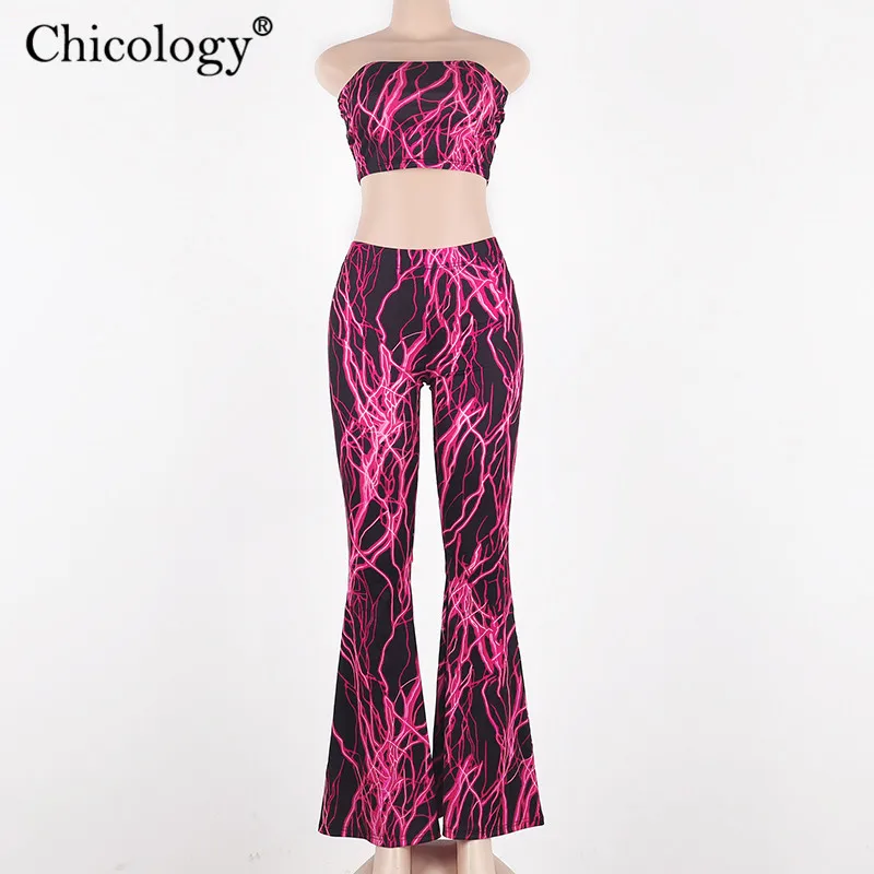  Chicology lightning print boob tube crop top flare pants 2019 summer 2 two piece matching co ord se