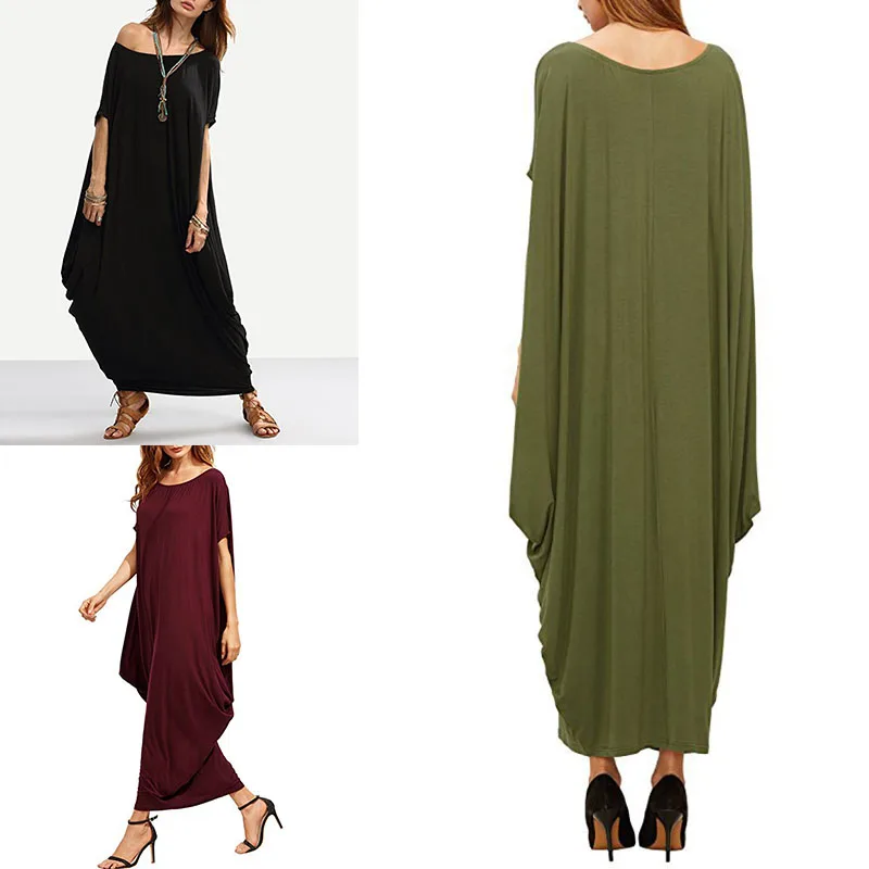 Summer Womens Solid Loose Maxi Dress Ladies Crew Neck Casual Party Long Dress