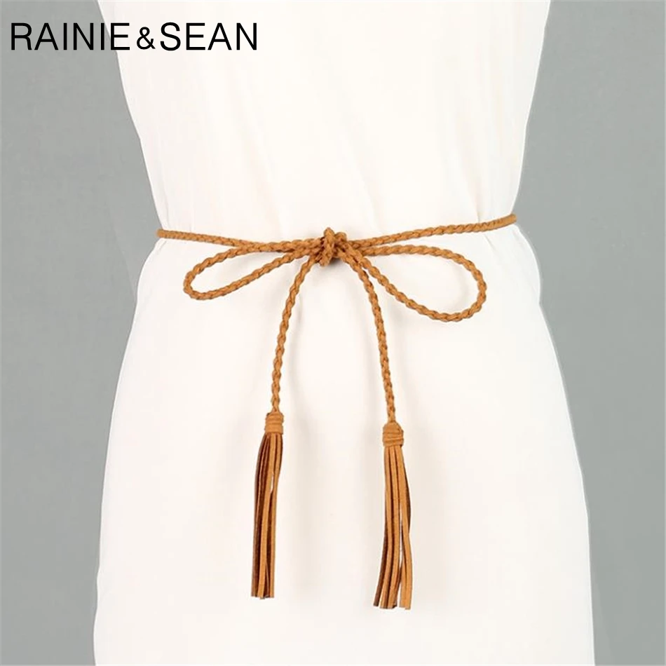 

RAINIE SEAN Thin Belt Women Pu Leather Braided Belt For Women Spring Summer Self Tie Tassel Camel Ladies Dress Belt With Fringe