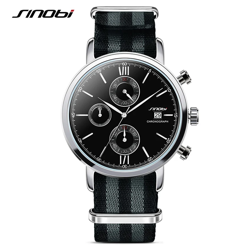 SINOBI Sports Chronograph Men Wrist Watches NATO Strap Nylon Watchband Luxury Military Males Geneva Quartz Clock