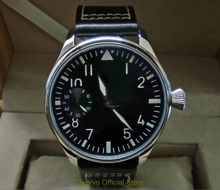 

44mm GEERVO black dial Asian 6497 17 jewels Mechanical Hand Wind movement men's watch green luminous Mechanical Wristwatches98a