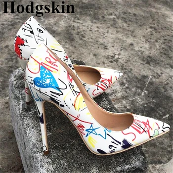 

2019 Europe Station Graffiti Print Leather Women Pumps Sexy Thin High Heels Stiletto Sapato Wedding Party Dress Feminino Shoes