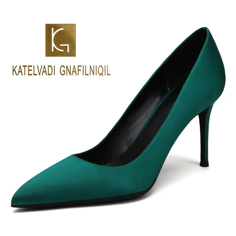 

KATELVADI 8CM Heels Wedding Shoes Green Satin Zapatos Mujer Fashion Women's Summer Footwear,K-326