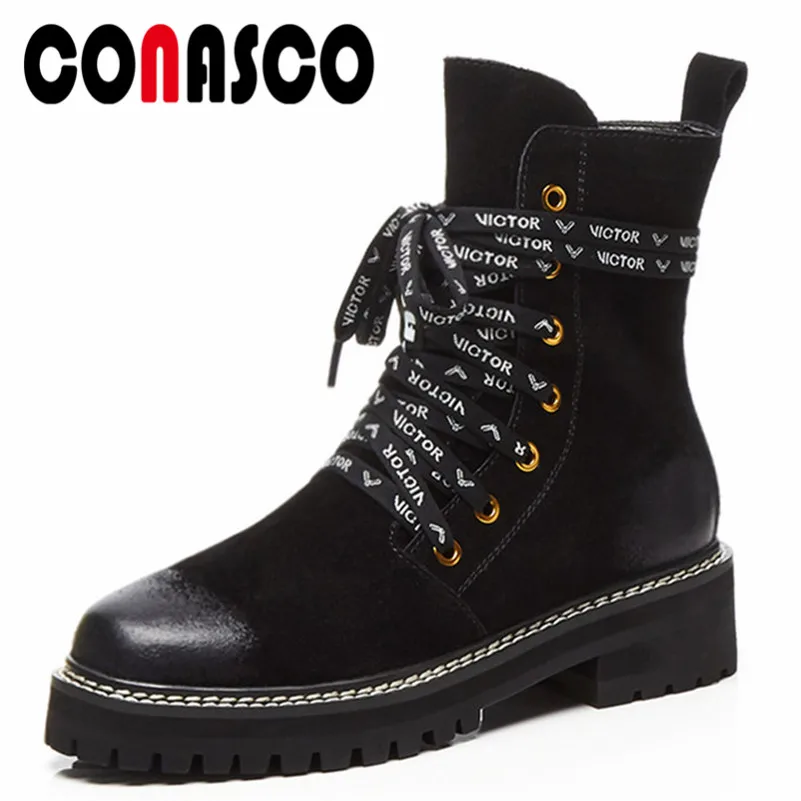 

CONASCO Fashion Brand Women Cow Suede Motorcycle Boots Cross-tied Autumn Winter Short Martin Shoes Woman High Quality New Boots