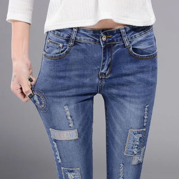 Весна Лето Высокая Талия Джинсы женские проблемные тонкий пэчворк джинсовые штаны карандаш Ripped vintage обтягивающие джинсы для Для женщин