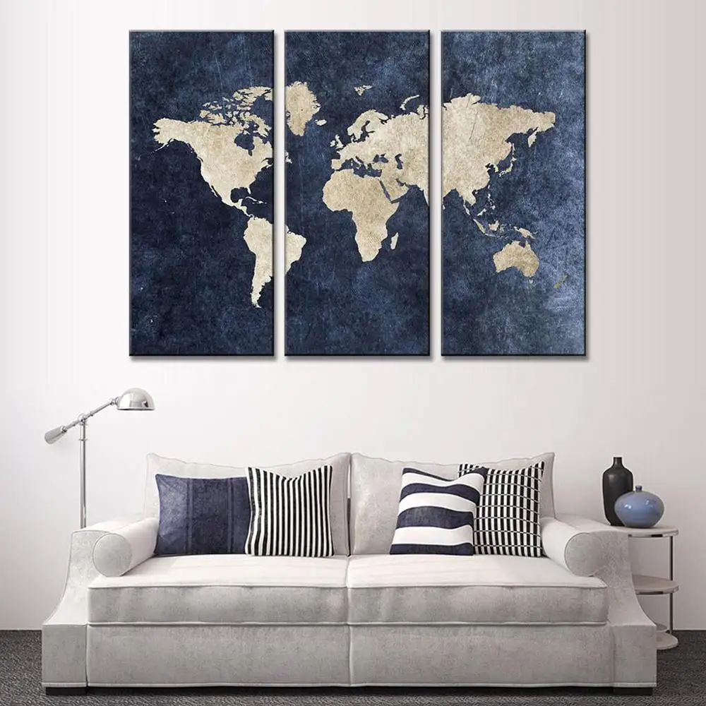 

Unframed Hot Modular Pictures New 3 Pcs Abstract Navy Blue World Map Canvas Painting Modern Wall Pictures For Office Room Decor