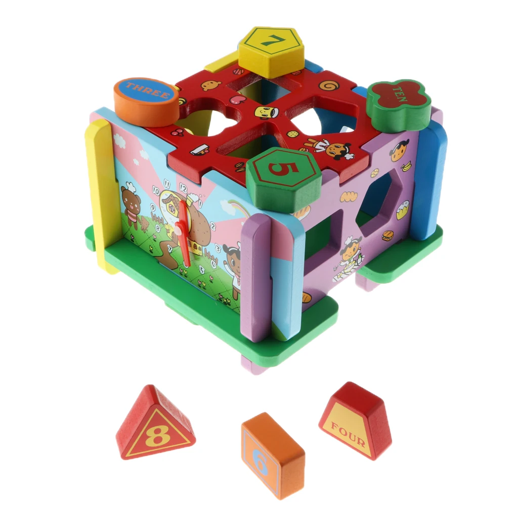 Wooden Shape Sorting Cube Educational Toy for Children, 10 Geometric Shape Blocks Double-Sided Assorted Color Pieces