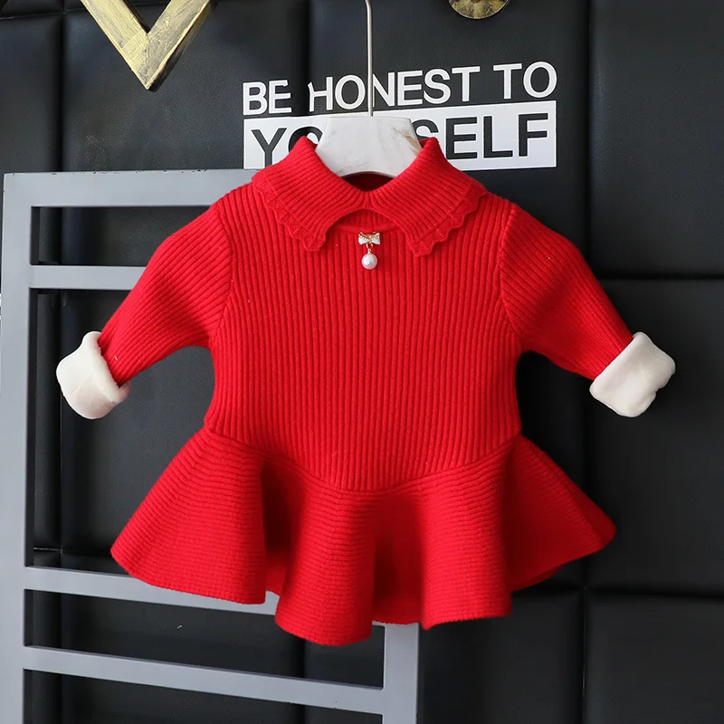 Girls Knit Sweater Dress autumn winter Infant Toddler baby Red Shirt