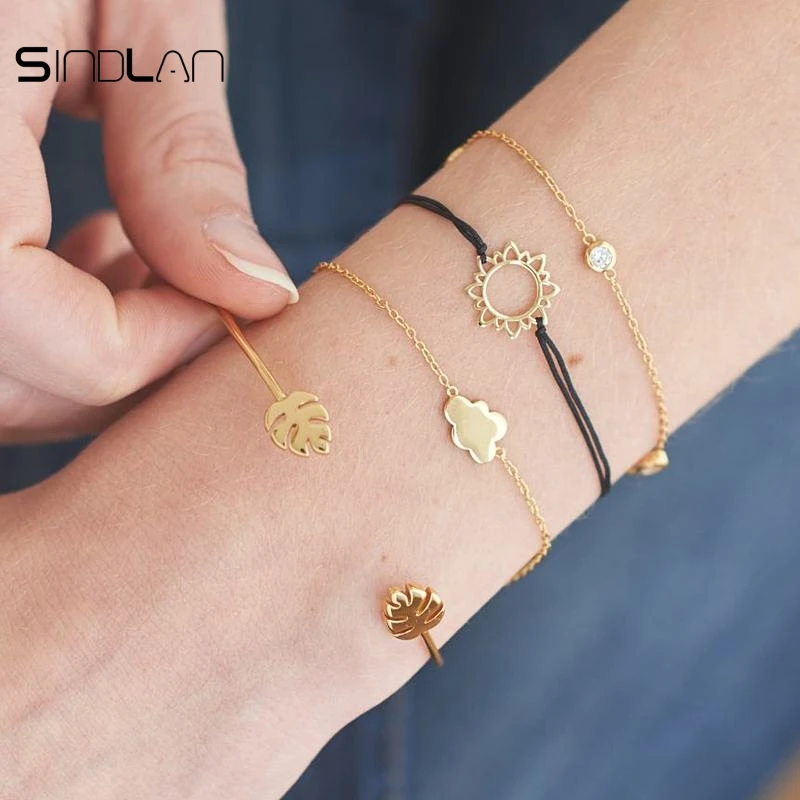 

Sindlan Bracelets Bangles New 4pcs / Set Jewelry Charm Crystal Sun Cloud Leaf Pendant Opening Simple Bracelets Bangles For Women