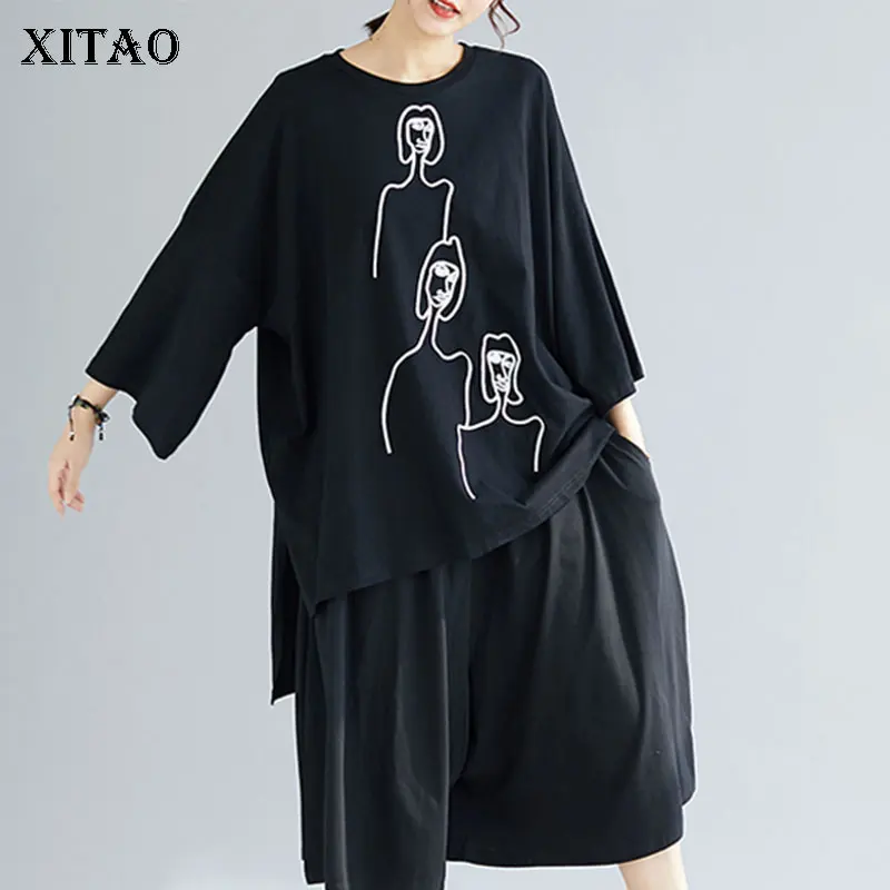 

[XITAO] Women 2019 Summer Fashion O-neck Three Quarter Sleeve Loose Tee Female Character Print Casual Match All T-shirt XJ1091