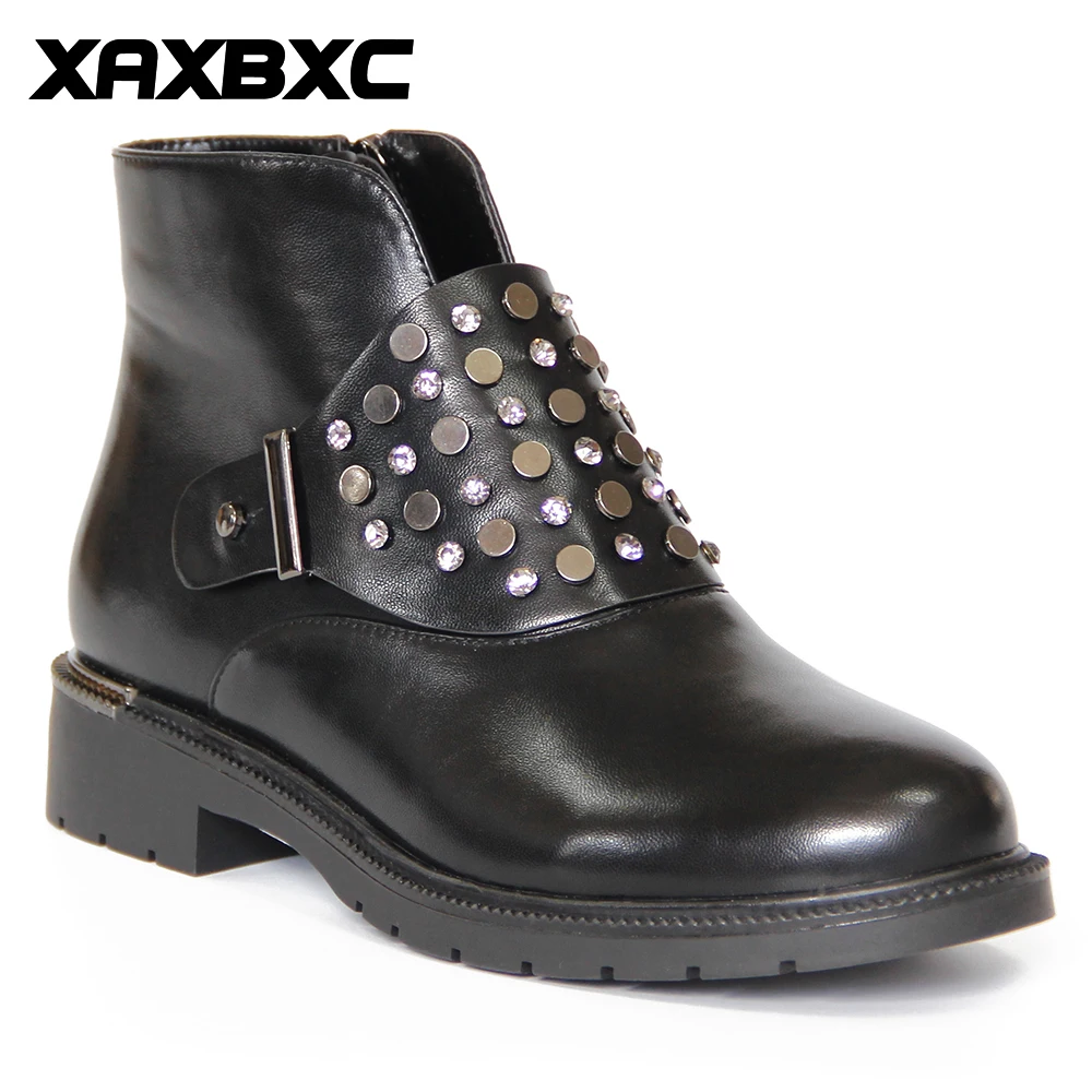 

2019 New Winter Spring Autumn Leather Crystal Short Ankle Boots Warm Women Low Heels Short Fur Boots Casual Ladies Mujer Shoes