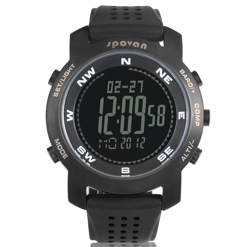 SPOVAN профессиональные уличные спортивные часы для пешего туризма с цифровым компасом барометр, термометр, секундомер - Цвет: Черный