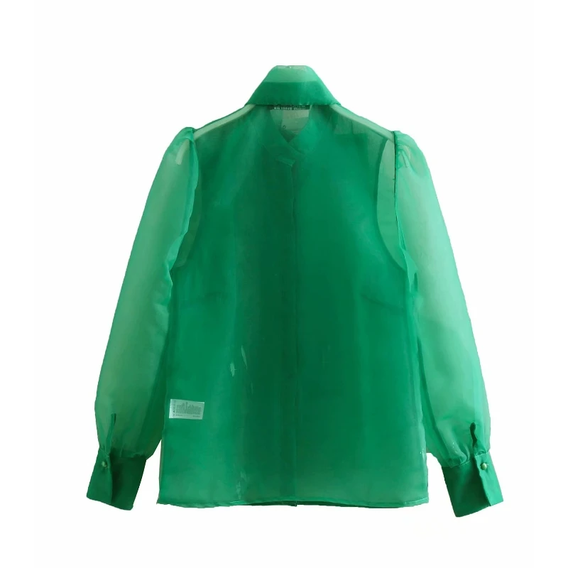 women high street bow collar transparent organza green smock shirt blouses women long sleeve buttons blusas chemise tops