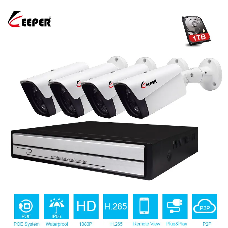 H.265 4CH 1080P HDMI POE NVR CCTV System 2MP Outdoor IP66 IP Camera P2P Onvif Security Surveillance Kit Motion Detect APP View