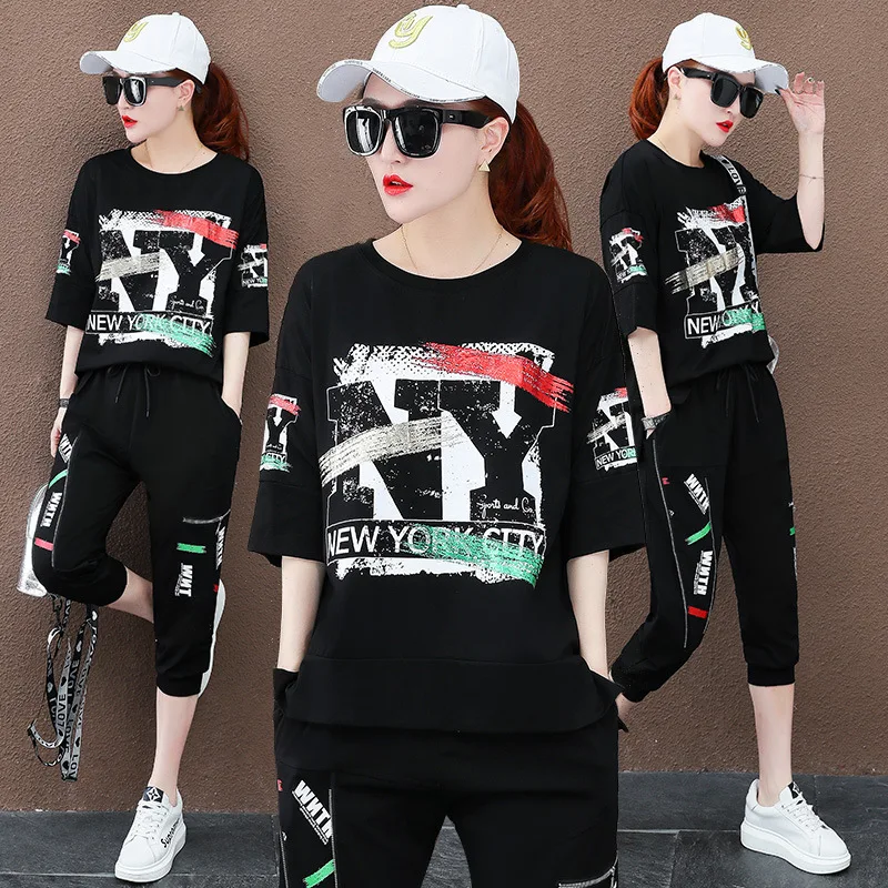 Summer Tracksuit Women Casual Loose Letter Print T-shirt and Capri Pants Suits 2 Pieces Sets Female Hip Hop Track Suit Outfits