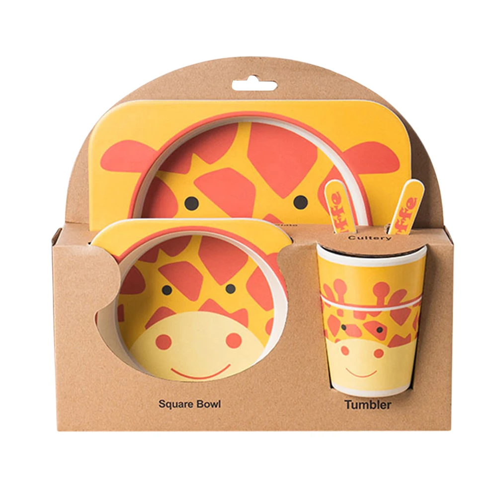 

5 Pcs Cartoon Giraffe Bamboo Fiber Portable Children's Cutlery Set Baby Feeding Cutlery Kids Dinnerware Set