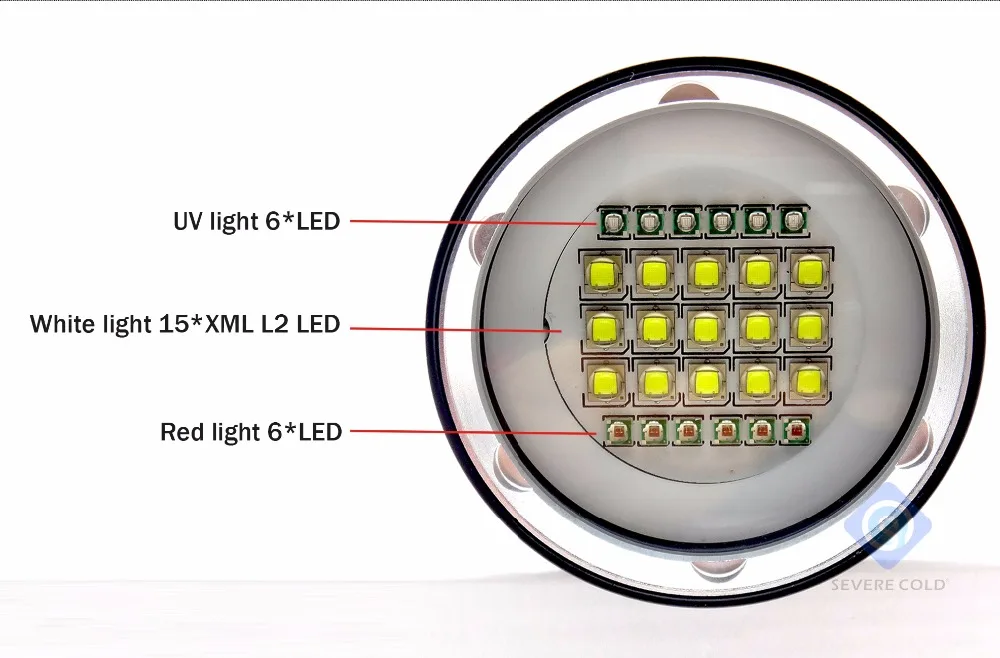 Профессиональный светильник для дайвинга, подводный 100 м, светильник для подводного видео 15 XML2+ 6 красный+ 6 УФ светодиодный светильник для фотосъемки и видеосъемки