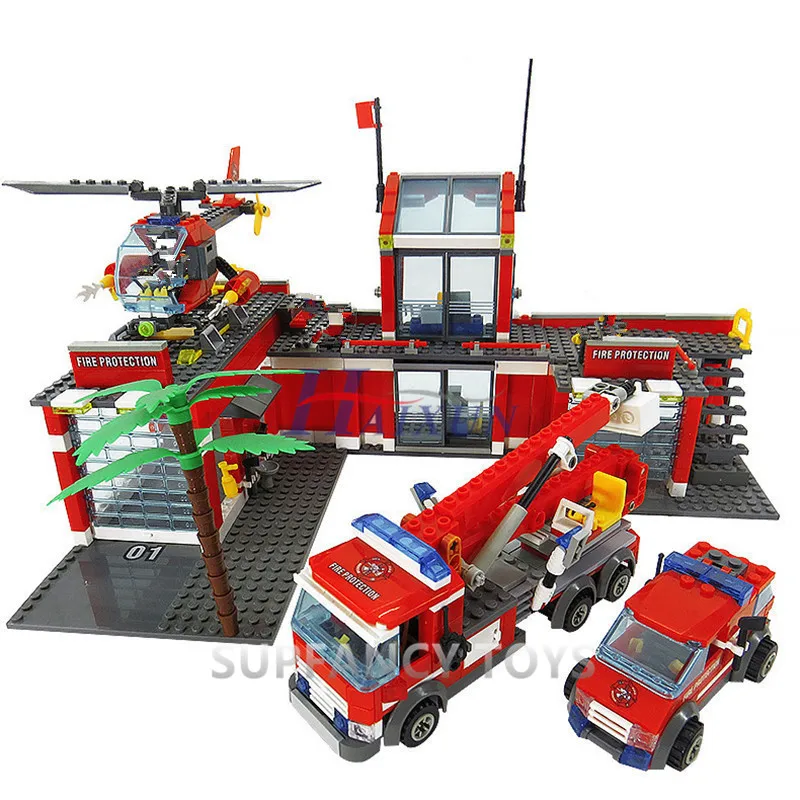 Tanie 774 sztuk City Fire Station Building Blocks ustawia wóz strażacki Fighter Technic ciężarówka cegły samochodowe Playmobil LegoINGLs zabawki dla dzieci
