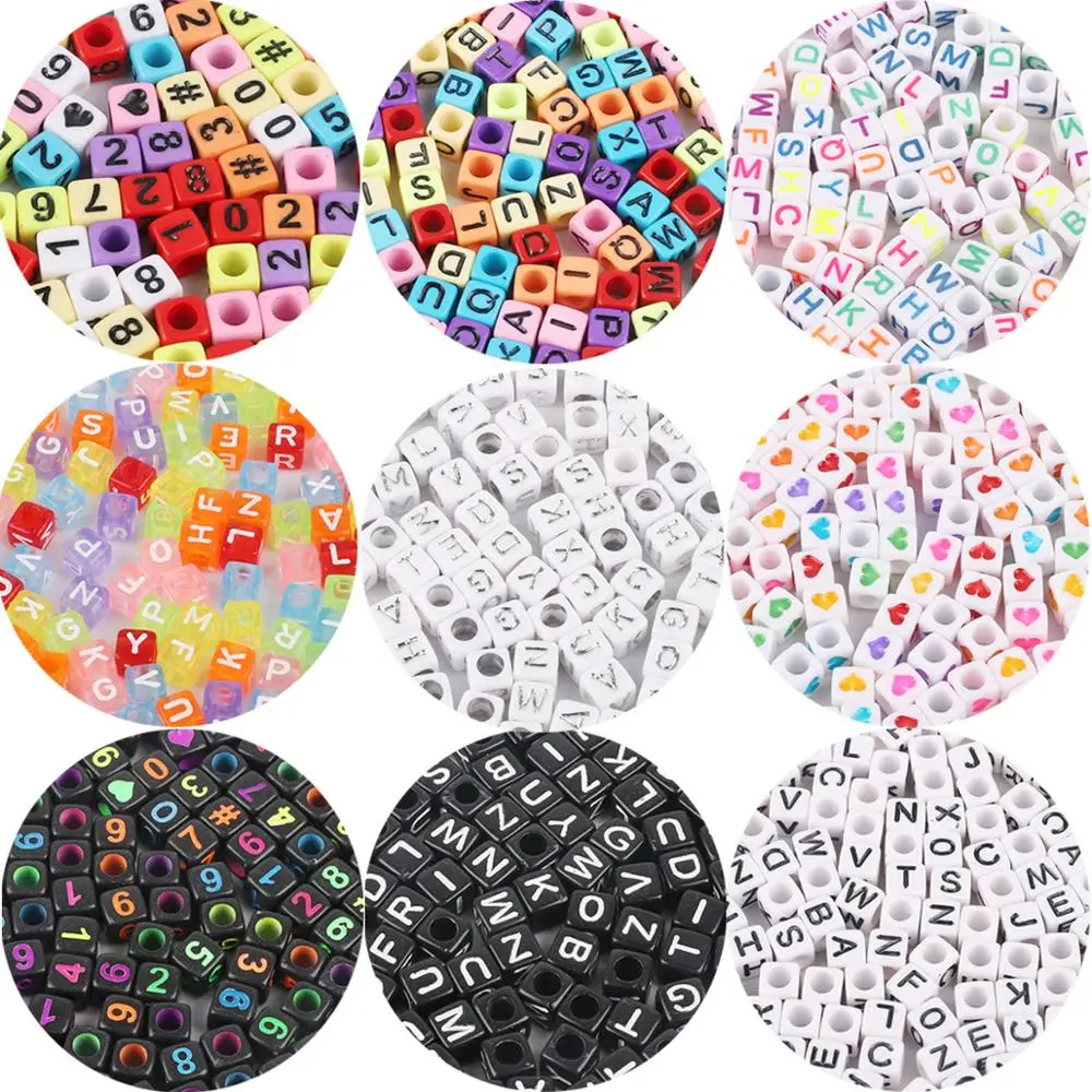 

100pcs Mixed 6mm Acrylic Beads Square Alphabet Letter Digital Cube Heart Beads For DIY Charms Bracelet Necklace Jewelry Making