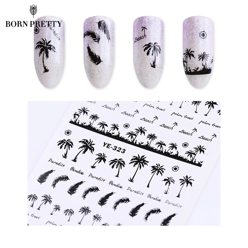 

Coconut Trees Nail Water Decals Summer Anchors Style Transfer Stickers Black Feather Leaves Nail Art Stickers Tatoos