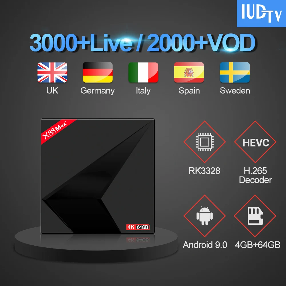 

X88MAX TV Box UK Swedish FULL HD IPTV Subscription 1 Year IUDTV Android 9.0 TV Box RK3328 4G 64G Italy Spain English IUDTV IPTV