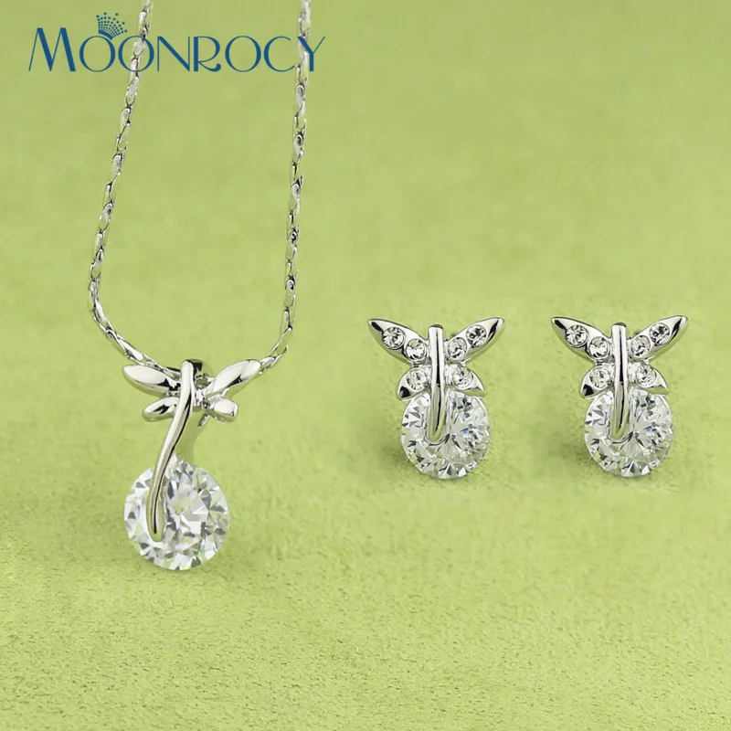 MOONROCY Бесплатная доставка Модный кристалл стрекоза ожерелье и серьги ювелирный