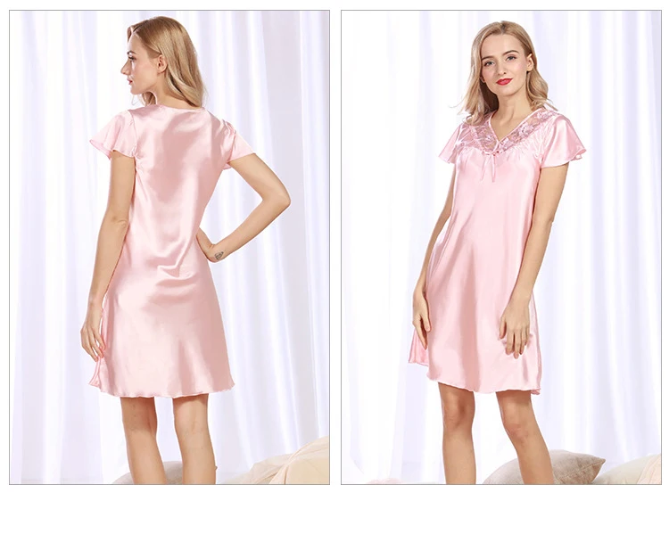 SSH091 Новый атласный шелк ночное платье Pijama летние женские ночное белье Ночная рубашка плюс Размеры пижамы кружева с v-образным вырезом Для