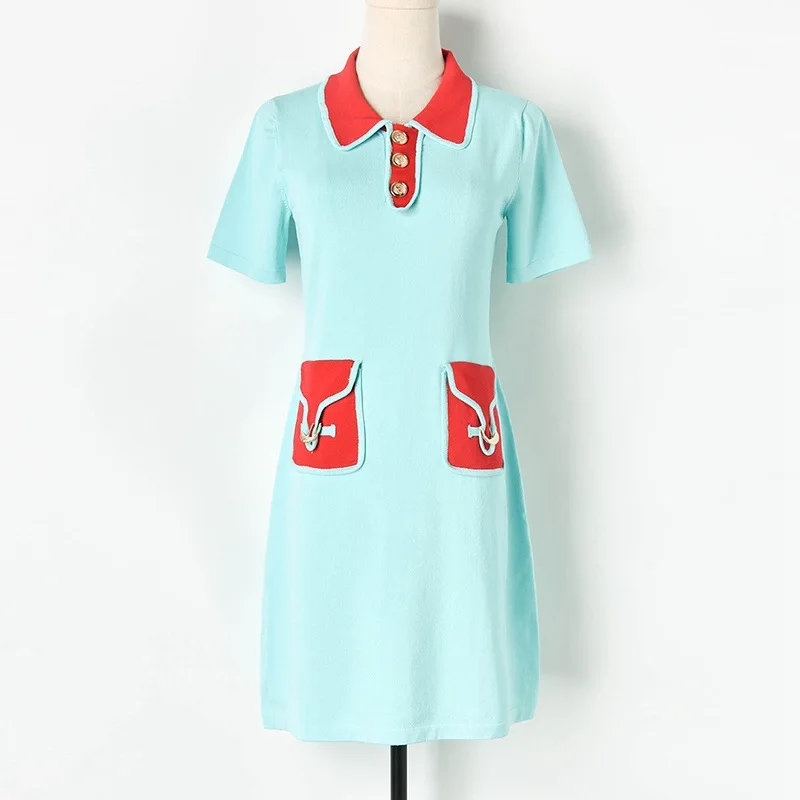 

2019 Runway Designer Summer Pockets Dress Women Elegant Knitted Preppy Style Lady Dresses High Street Vestidos Mujer Robe