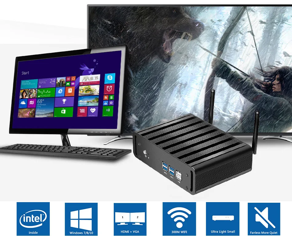 Безвентиляторный мини ПК Intel Core i7 5500U i5 5200U i3 5005U Windows 10 HTPC HDMI VGA 300 Мбит/с WiFi 6* USB Компактный настольный ПК