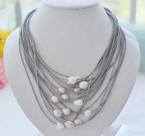

15row 20" 13mm white pink rice pearl gray leather necklace
