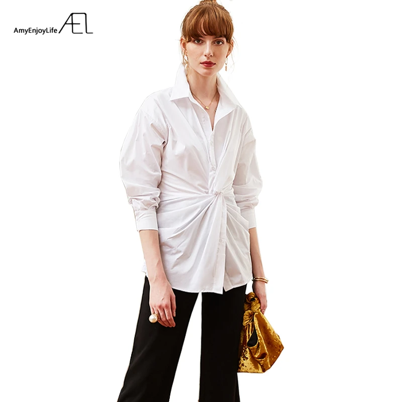 

AEL White Blouses Cross Type Loose Ladies Shirts Top Lazy Casual Femme Shirt 2019 New Summer Clothing Women