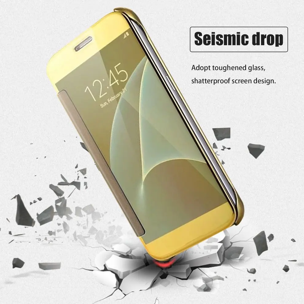 

2 Pcs Smart Mirror Surface Intelligent Auto Sleep Awake Flip Type Hard Shell Mobile Phone Case Gold Color Protective Cover