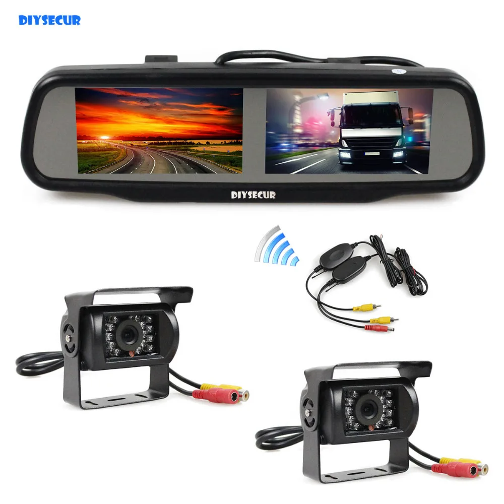 

DIYSECUR Dual 4.3 inch Screen Rearview Car Mirror Monitor + 2 x Waterproof Car Rear View Reverse Backup Car Truck Bus Camera