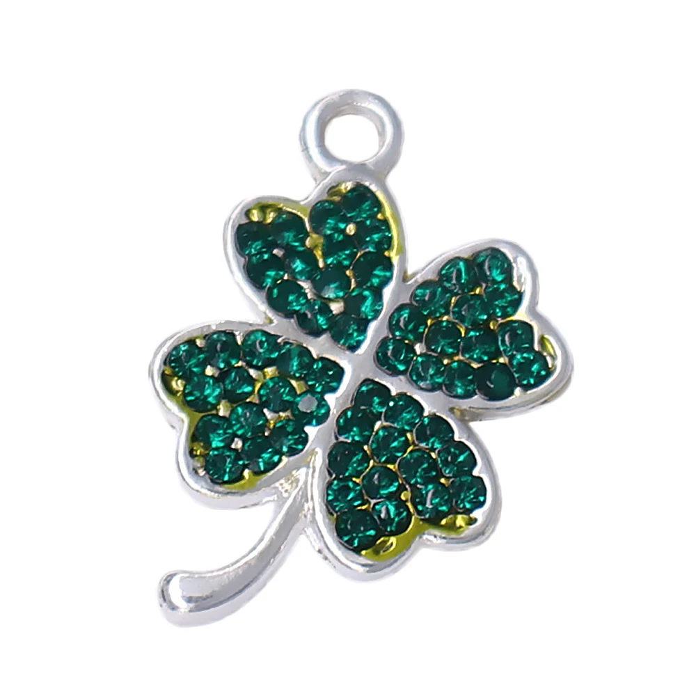 

Enamel And Green Crystal Four Clover Charm Leaves Silver Pendant For Bracelets Necklace DIY