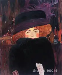 Портрет Картины Густава Климта леди в шляпе и Перо Boa Wall Art Ручная роспись высокое качество