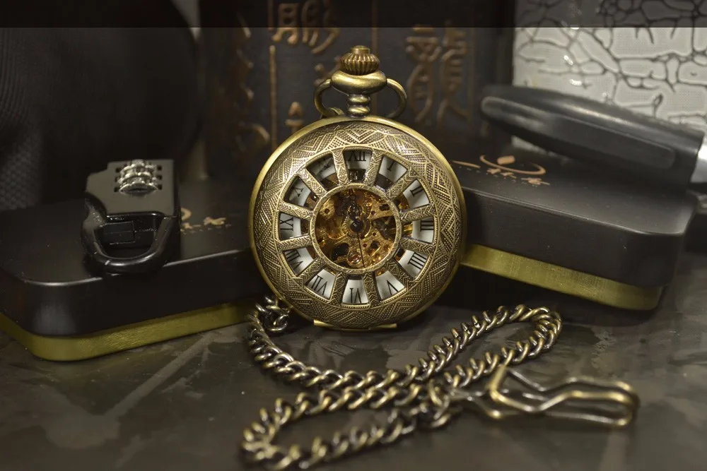 Стимпанк Роскошная мода Античный Скелет Механические карманные часы Мужская цепочка ожерелье Бизнес повседневные карманные часы золото