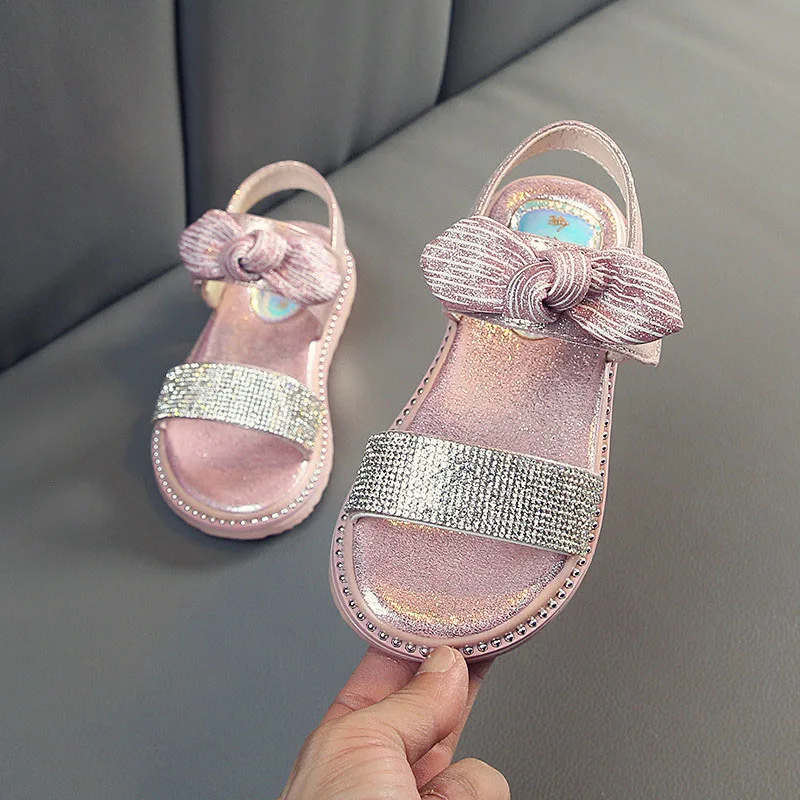 

KissMud 2019 Kids Soft Pink Sandals Baby Girls Sweet Bowtie Sandals Summer New Princess Fashion Rhinestone Black Dress Shoes