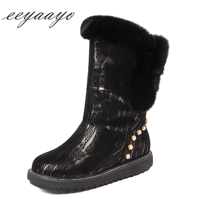 

2018 New Genuine Leather Winter Women Ankle Boots Flats Heel Round Toe Preal Women Cow Leather Shoes Black Short Warm Snow Boots