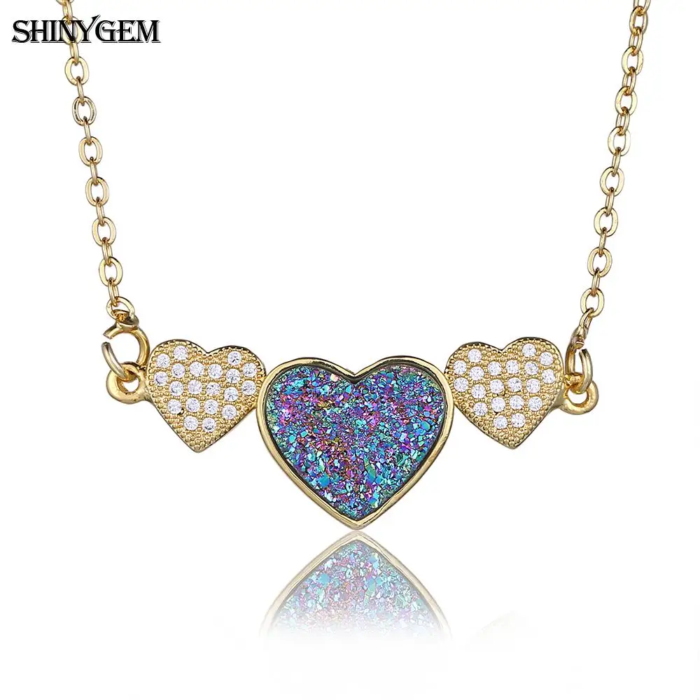 

ShinyGem Druzy Triple Heart Necklaces Gold Plating Natural Stone Heart Necklace CZ Crystal Love Heart Pendant Necklace For Women