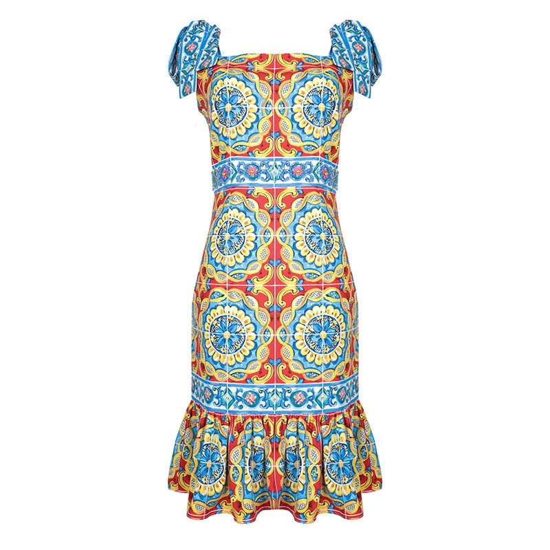 

2019 Spring Summer Gloria&Grace Spaghetti Strap Sicily Porcelain Tile Floral Pattern Print Mini Dress XL Haute Couture